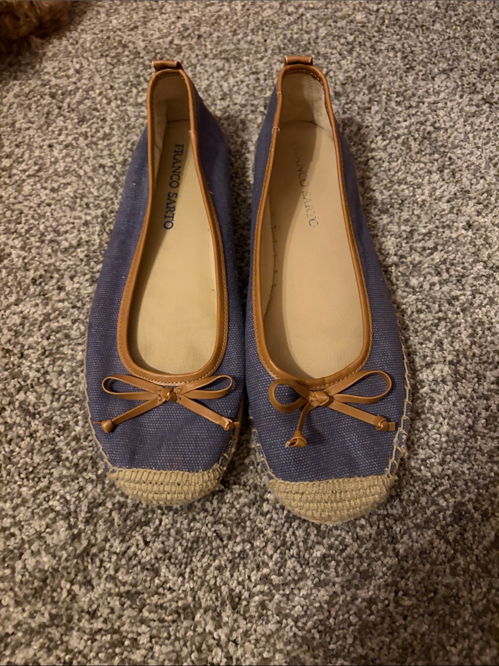 Franco Sarto Navy Canvas Espadrille  Flats with Tan Trim and Bow Size 8 1/2